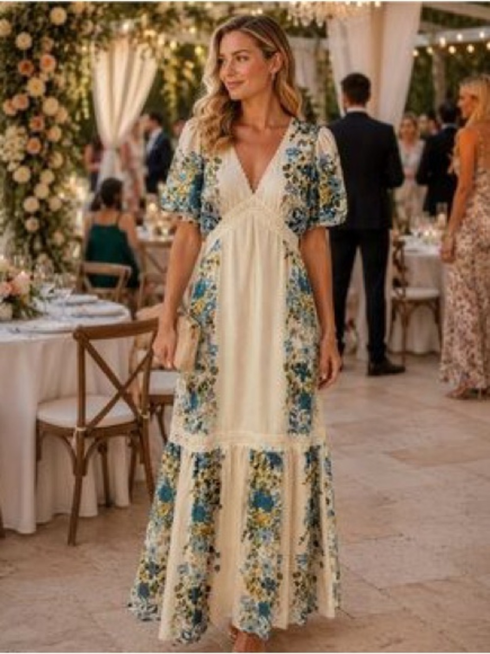 Taylor Floral Cream Maxi Dress with Blue Print